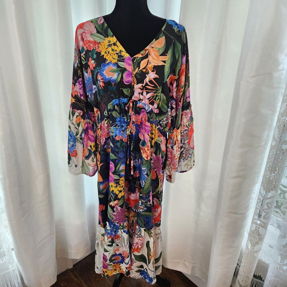 NEW Johnny Was Neon Jungle Mix Tier Dress Women S Silk Blend Tropical Boho Beach
